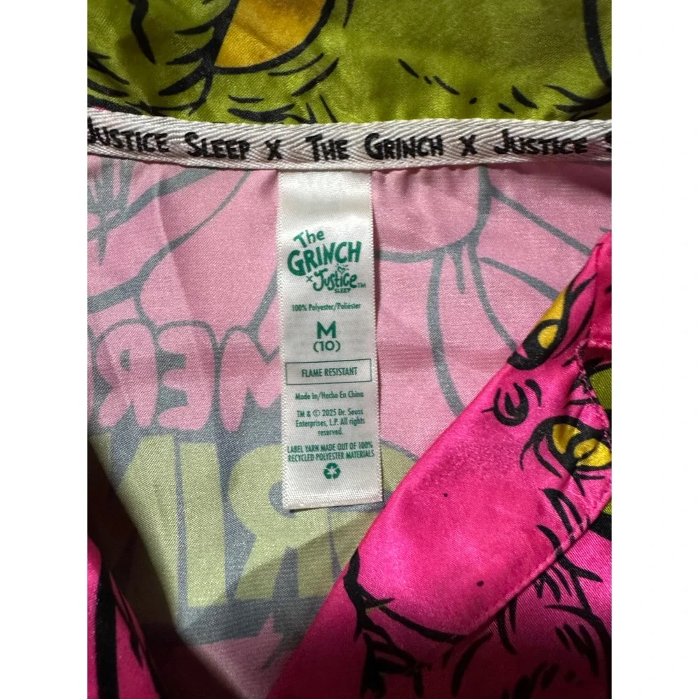 Justice x The Grinch‎ Girls Pink Satin Pajama Top Merry Grinchmas Size M 10